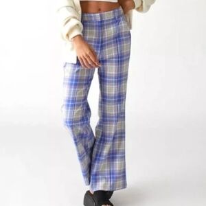 NWT Urban Outfitters Blue Beige Plaid Flare Pants Seam Sz 8 Bell Bottoms Retro